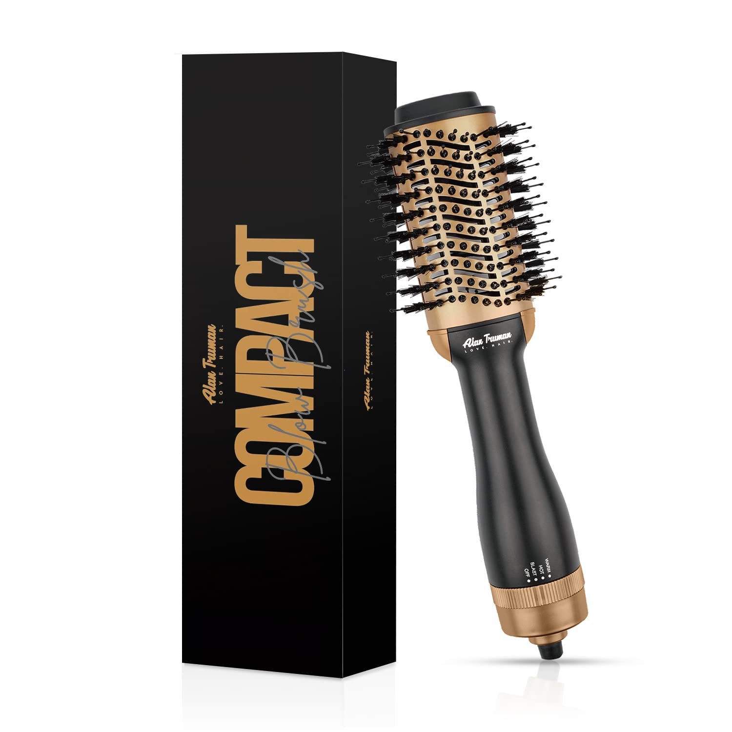 Alan Truman Compact Blow Brush – Gold | 1100 Watts | Dryer In The Form Of A Brush| A 6 in 1 Multistyler| Two Layered Bristles For Salon Like Blow Style| 3 Tempeature Settings