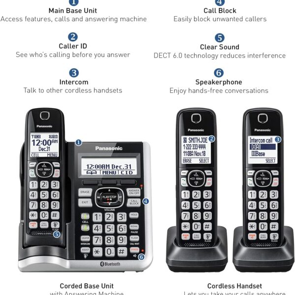 Panasonic Link2Cell Bluetooth Cordless Phone System with Voice Assistant, Call Block and Answering Machine, Expandable Home Phone with 5 Handsets  KX-TGF575S (Black with Silver Trim)