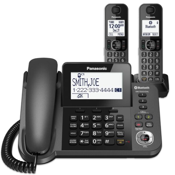 PANASONIC Bluetooth Corded/Cordless Phone System with Answering Machine, Enhanced Noise Reduction and One-Touch Call Block - 2 Handsets - KX-TGF382M (Metallic Black)