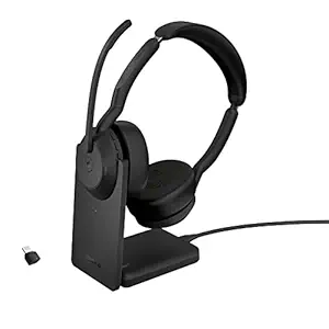 Jabra Evolve2 55 Stereo Wireless Headset with Charging Stand, Air Comfort Technology, Noise-Cancelling Mics, Active Noise Cancellation - MS Teams Certified, Works with Other Platforms - Black