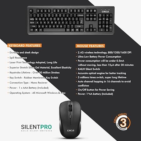 Circle Endurer A10 wireless Combo Keyboard-Black and Silent Pro Mouse with DPI 800/1200/1600 with Unique slim Design, Spill resistance, Ultra low battery power consumption,KAILH silent switch in Mouse - Image 5
