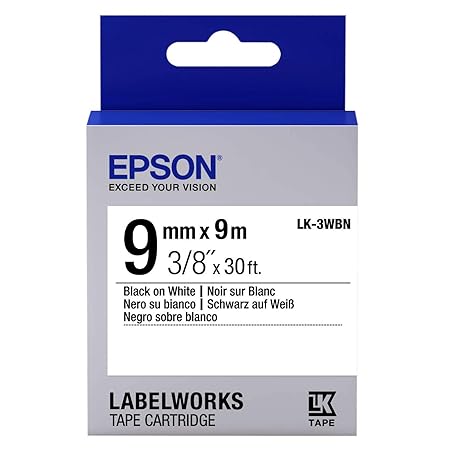 Epson LabelWorks Standard LK (Replaces LC) Tape Cartridge ~3/8" Black on White (LK-3WBN) - For use with LabelWorks LW-300, LW-400, LW-600P and LW-700 label printers
