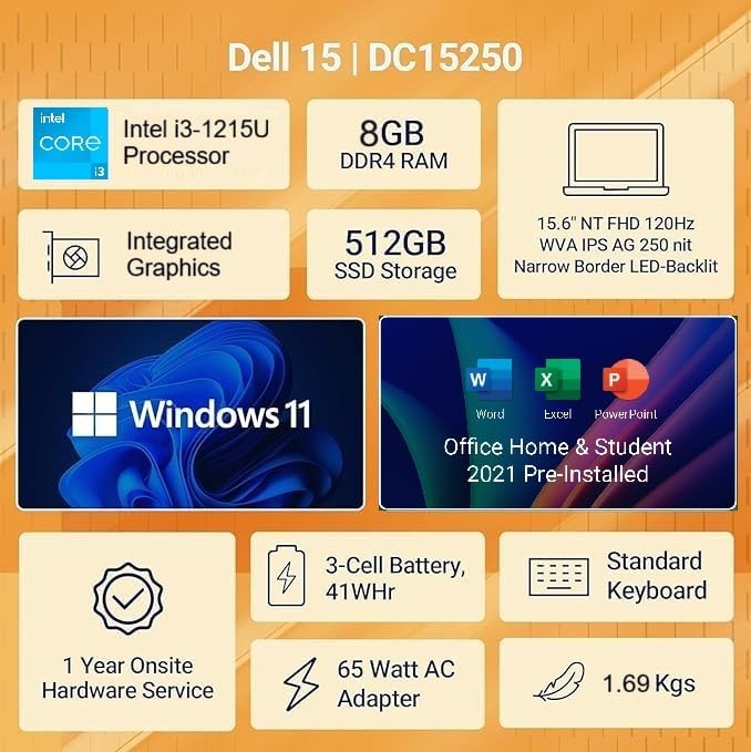 Dell 15 (Previously Inspiron) Laptop, 14th Gen Intel Core 3 100U Processor, 8GB DDR4, 512 SSD, 15.6" NT FHD 120Hz IPS AG 250 nit Display, Win 11 + Office H&S 2024, Carbon Black, Thin & Light- 1.63Kg - Image 2